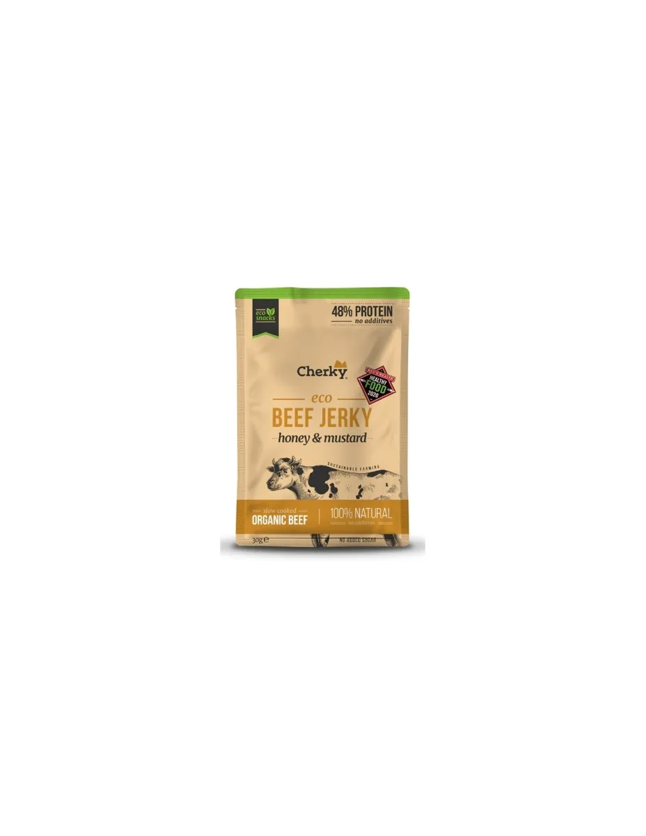 Beef Jerky, Snack de Láminas de Ternera cocinadas a baja temperatura, sabor Miel & Mostaza, 30 gramos