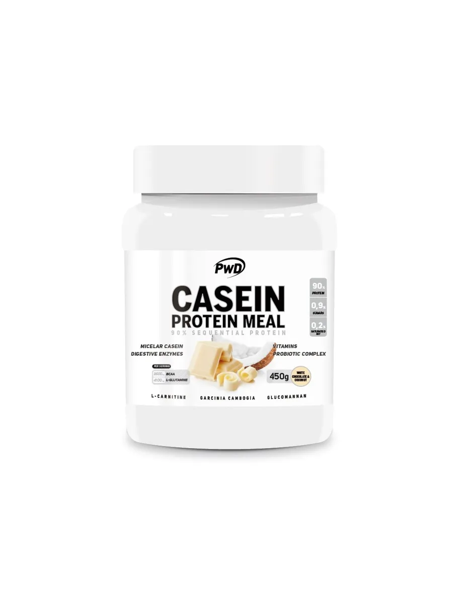 Caseína, sabor Chocolate blanco y coco, 450 gramos - PWD