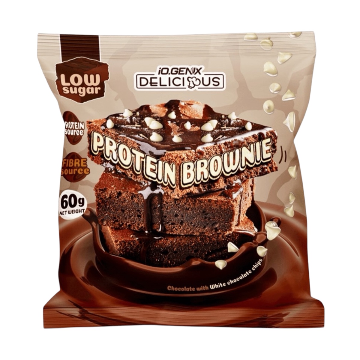 Brownie proteico artesano, sabor chocolate blanco, con chips de chocolate, 60 gramos