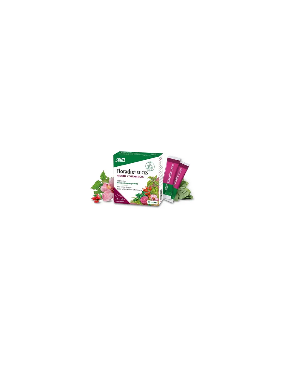 Floradix, 20 Sticks, hierro microencapsulado, sabor Hierba Limón y Frambuesa, Orosolubles, Vegano