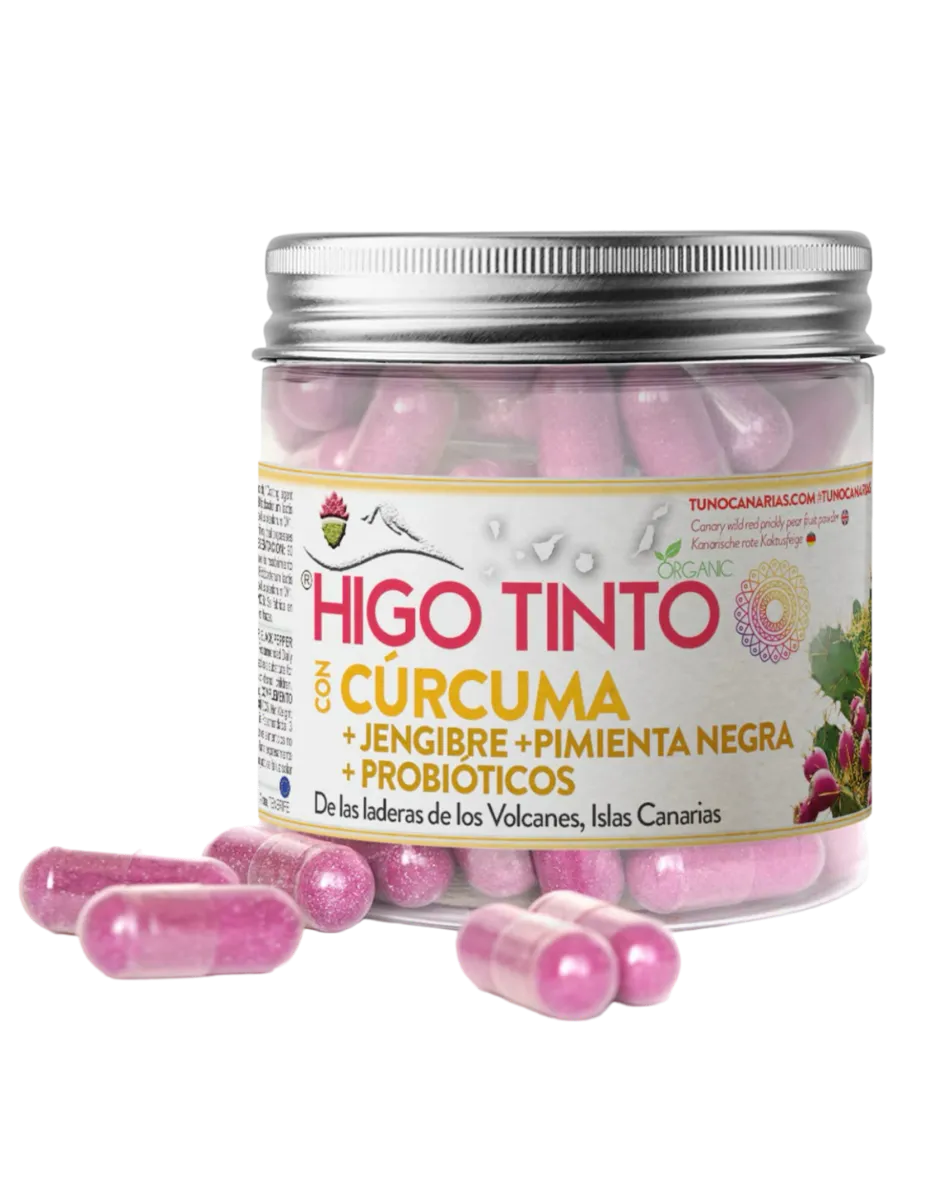 Higo Tinto, cúrcuma, jengibre, pimienta negra, probióticos, 90 cápsulas