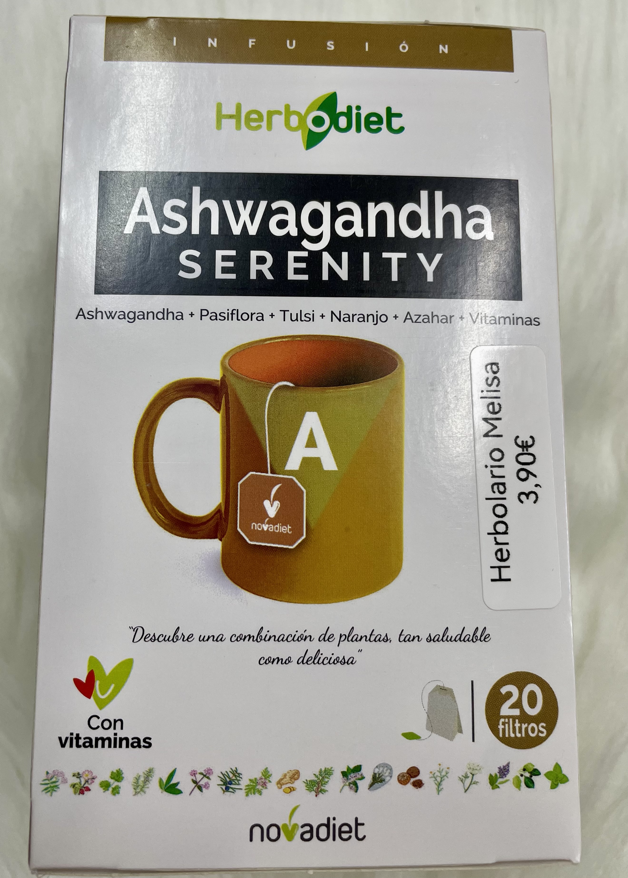 Ashwagandha, Serenity, Infusión, 20 bolsitas, con Pasiflora, Tulsi, Naranjo, Azahar & Vitaminas , Herbodiet