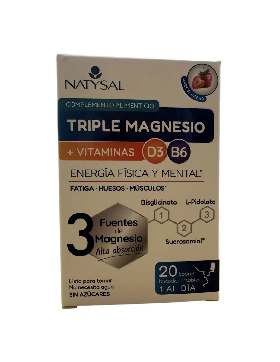 Triple magnesio + B6 y D3,sabor Fresa, 20 sobres bucodispensables