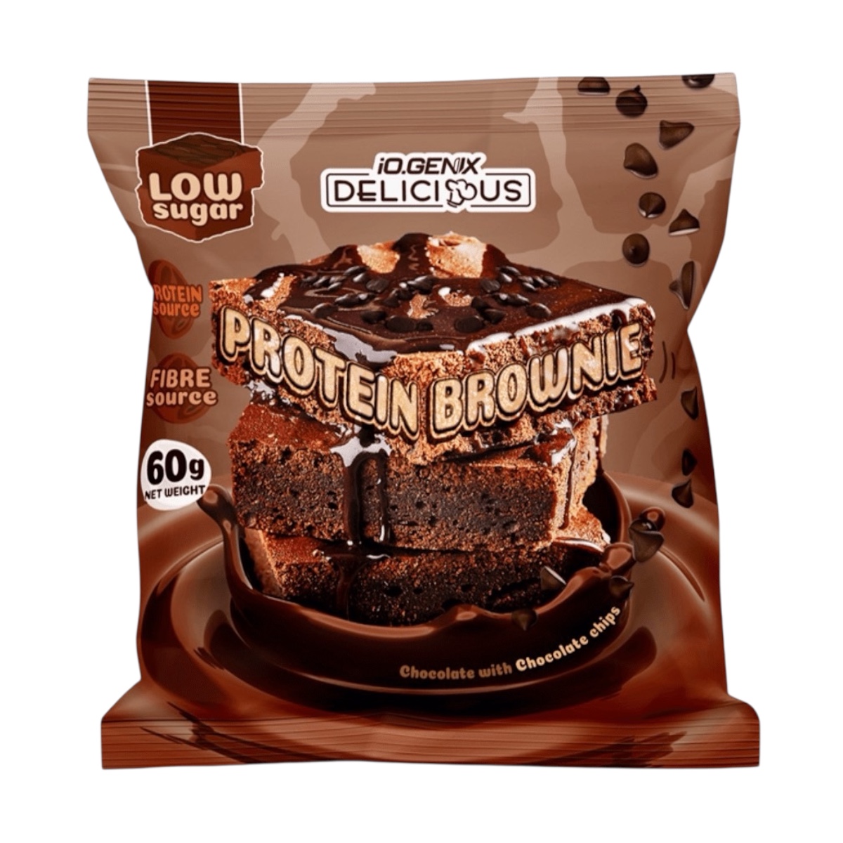 Brownie proteico artesano, sabor chocolate negro con chips de chocolate, 60 gramos